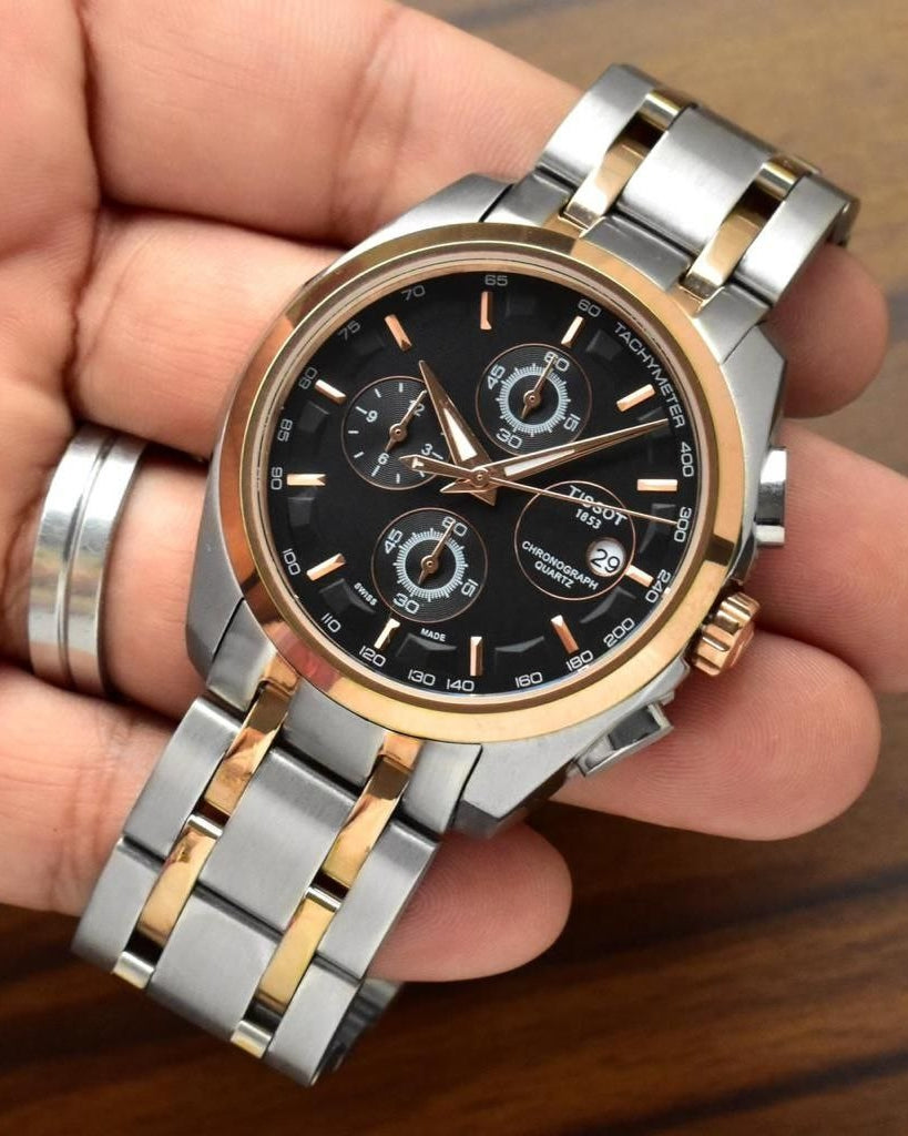 Couturier chronograph | Black dial |silver chain with gold stripes